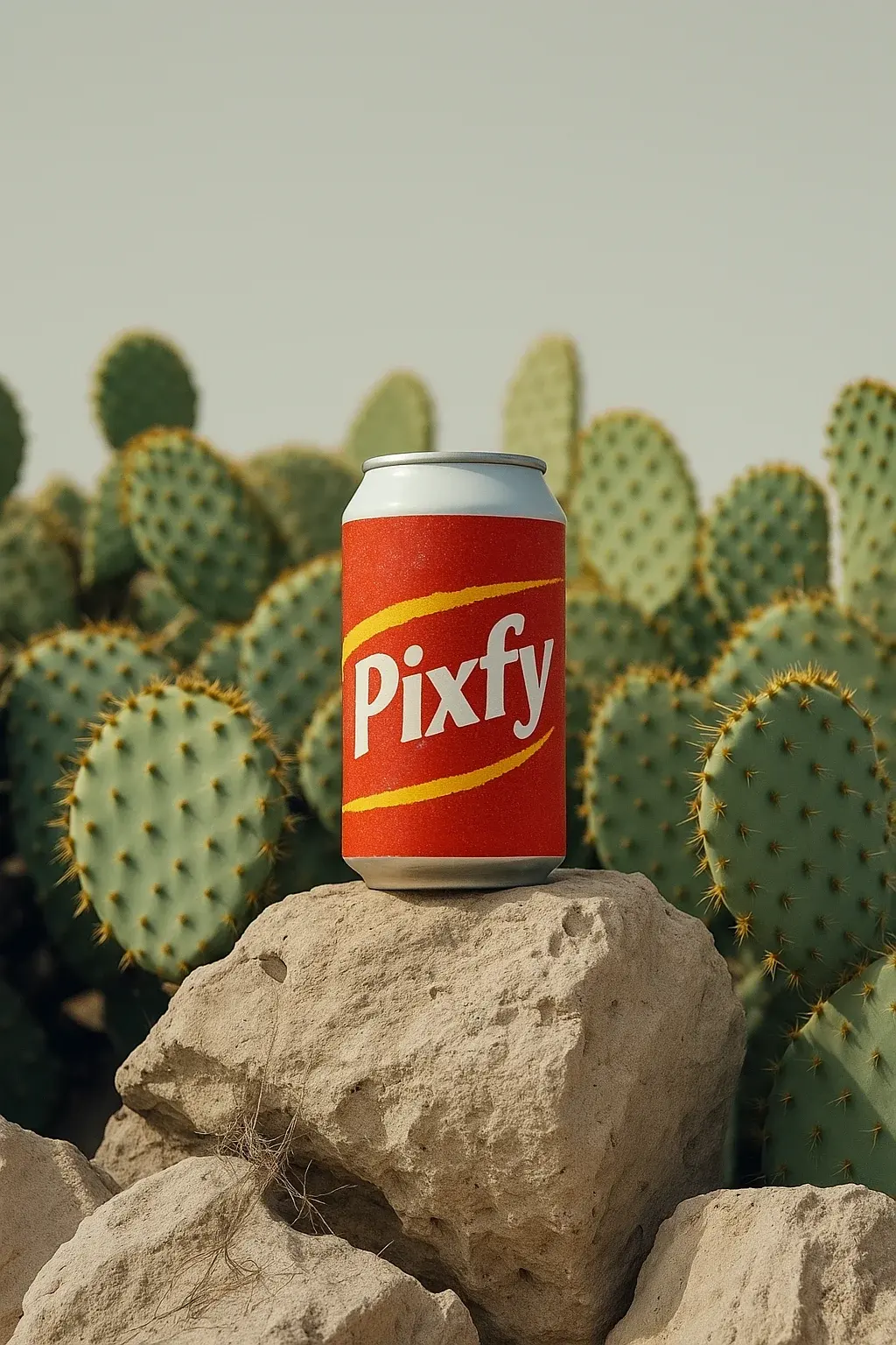 Pixfy drink can standing on desert rocks next to a cactus