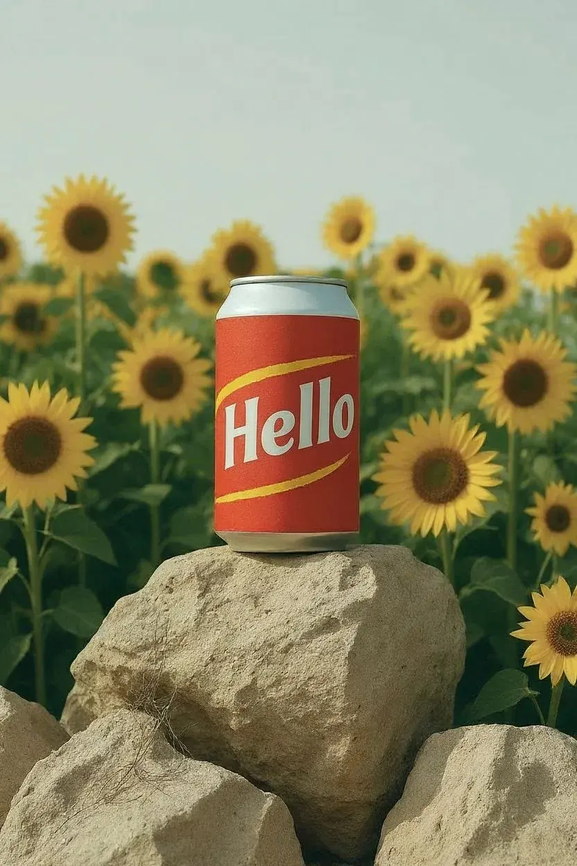 AI example of a drink can whose label text was changed to Hello