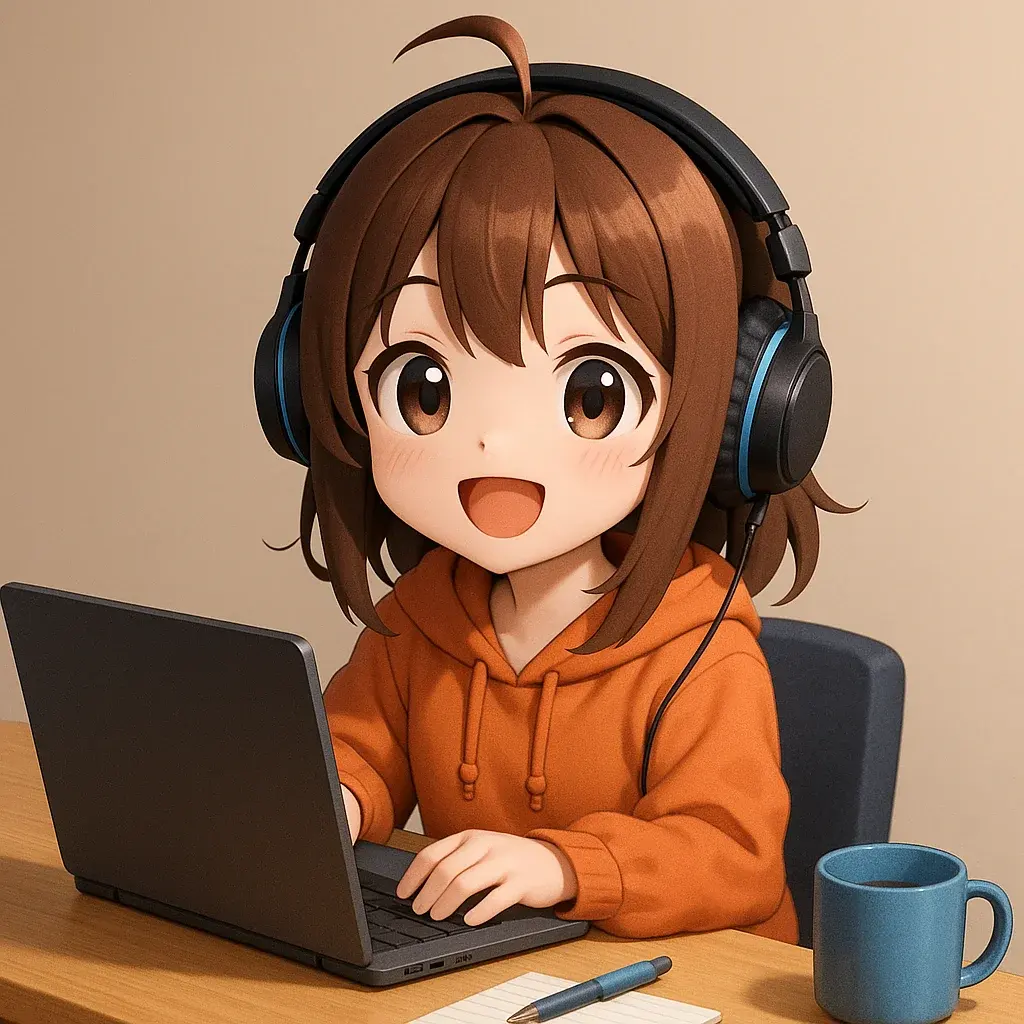 AI example of an anime-style VTuber character wearing headphones at a laptop
