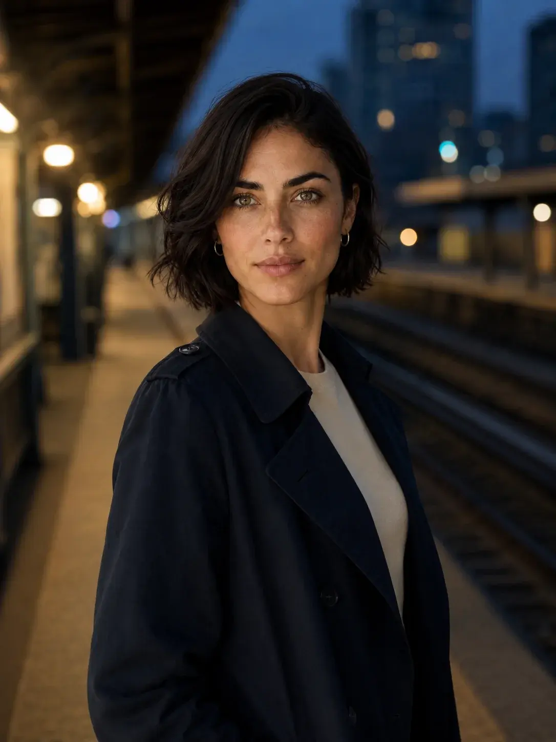 Mira at a station in a dark coat