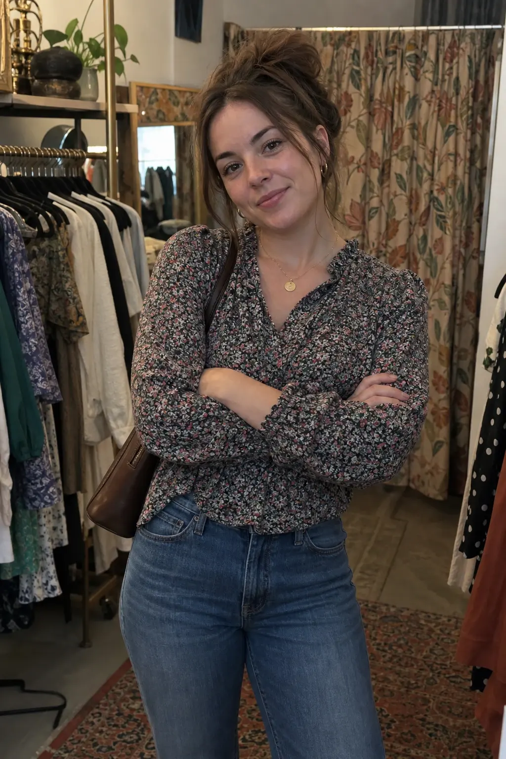 Illustrative difficult source photo with crossed arms, a bag strap, a patterned blouse, and a busy clothing-store background