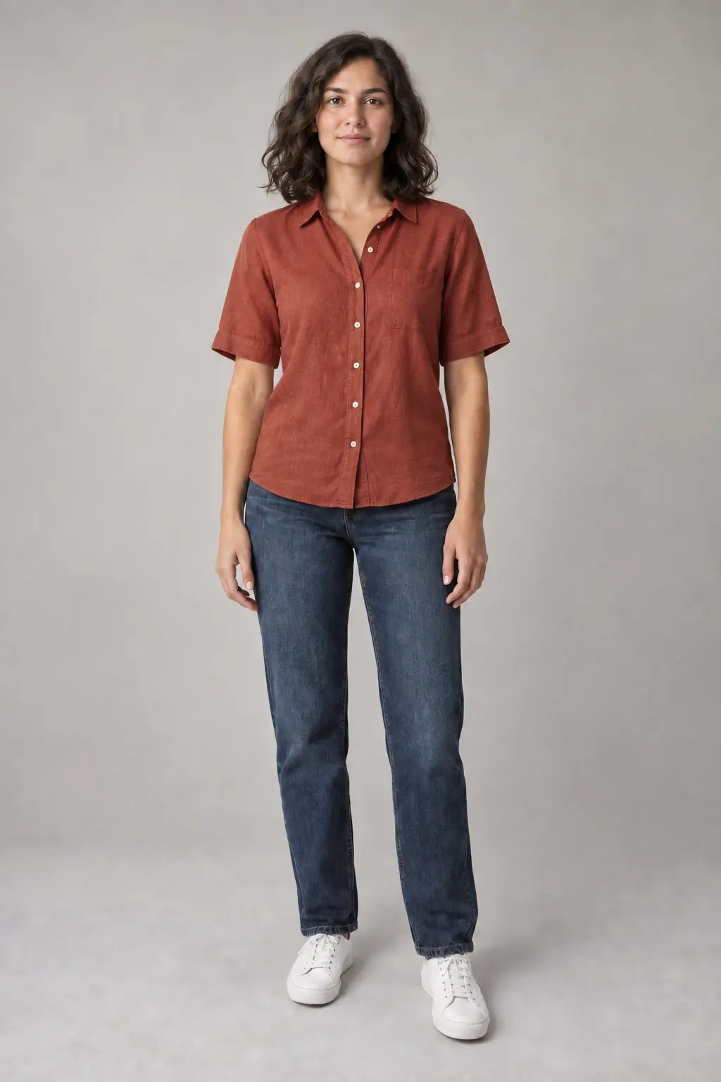 The same illustrative subject wearing a rust red linen shirt