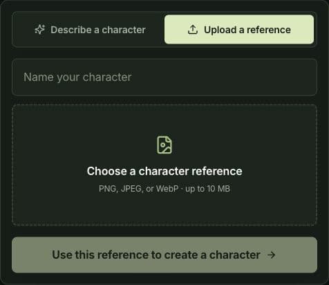 Pixfy’s Upload a reference form with the character name and image upload controls